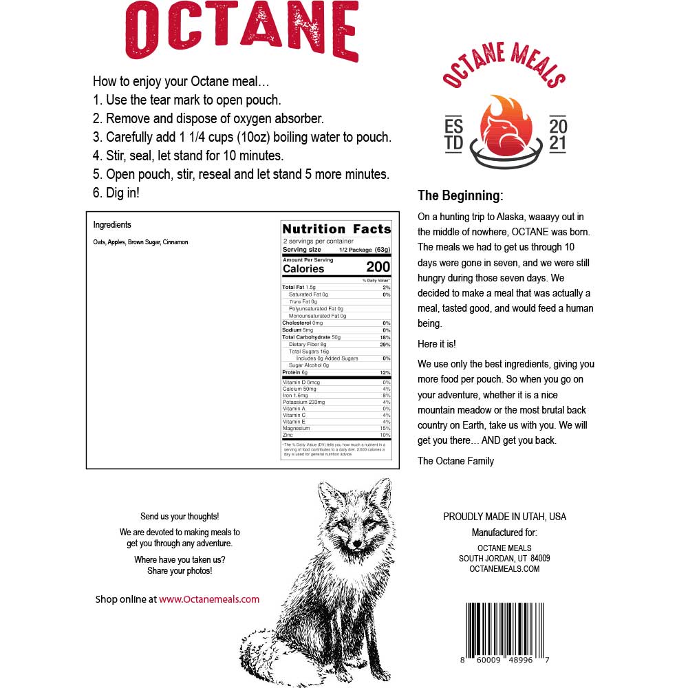 Octane Meals Oatmeal Nutrition information